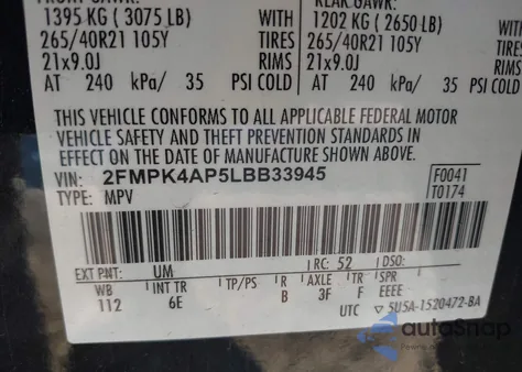 2020 Ford Edge St z USA, uszkodzony, nr VIN 2FMPK4AP5LBB33945